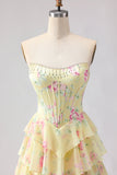 Yellow Strapless A-line Corset Bodice Floral Long Ball Dress with Chiffon Ruffle Skirt