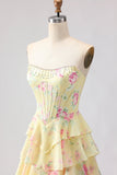 Yellow Strapless A-line Corset Bodice Floral Long Ball Dress with Chiffon Ruffle Skirt