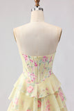 Yellow Strapless A-line Corset Bodice Floral Long Ball Dress with Chiffon Ruffle Skirt