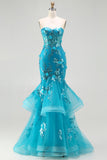 Blue Mermaid Strapless Sequins Corset Ruffled Long Ball Dress with Lace Up Back