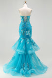 Blue Mermaid Strapless Sequins Corset Ruffled Long Ball Dress with Lace Up Back