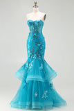 Blue Mermaid Strapless Sequins Corset Ruffled Long Ball Dress with Lace Up Back