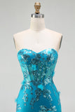 Blue Mermaid Strapless Sequins Corset Ruffled Long Ball Dress with Lace Up Back