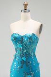 Blue Mermaid Strapless Sequins Corset Ruffled Long Ball Dress with Lace Up Back