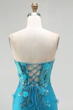 Blue Mermaid Strapless Sequins Corset Ruffled Long Ball Dress with Lace Up Back