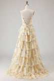 Strapless Yellow Blue Flower A Line Tiered Ruffle Corset Long Ball Dress with Slit