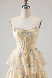 Strapless Yellow Blue Flower A Line Tiered Ruffle Corset Long Ball Dress with Slit