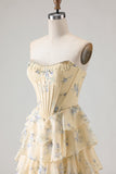 Strapless Yellow Blue Flower A Line Tiered Ruffle Corset Long Ball Dress with Slit