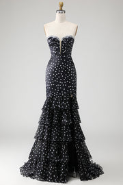 Black White Dot Strapless Mermaid Corset Tiered Ruffle Long Prom Dress with Sequins