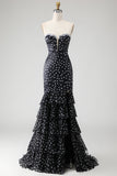 Coffee Leopard Strapless Beaded Printed Tiered Ruffle Long Prom Dress with Slit