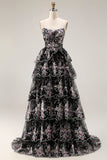 Black Pink Flower Strapless A-Line Tiered Sequin Long Ball Dress with Lace Up Back