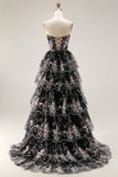 Black Pink Flower Strapless A-Line Tiered Sequin Long Ball Dress with Lace Up Back
