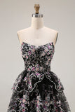 Black Pink Flower Strapless A-Line Tiered Sequin Long Ball Dress with Lace Up Back