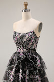 Black Pink Flower Strapless A-Line Tiered Sequin Long Ball Dress with Lace Up Back