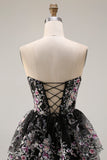 Black Pink Flower Strapless A-Line Tiered Sequin Long Ball Dress with Lace Up Back