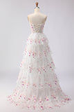Black Pink Flower Strapless A-Line Tiered Sequin Long Ball Dress with Lace Up Back