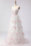 Black Pink Flower Strapless A-Line Tiered Sequin Long Ball Dress with Lace Up Back