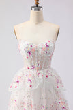 Black Pink Flower Strapless A-Line Tiered Sequin Long Ball Dress with Lace Up Back