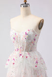 Black Pink Flower Strapless A-Line Tiered Sequin Long Ball Dress with Lace Up Back