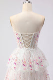 Black Pink Flower Strapless A-Line Tiered Sequin Long Ball Dress with Lace Up Back