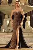 Sparkly Brown Leopard Mermaid Sweetheart Long Prom Dress with Back Large Bow