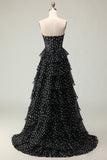 A Line Strapless Corset Tiered Polka Dots Ruffle Long Prom Dress with Slit