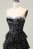 A Line Strapless Corset Tiered Polka Dots Ruffle Long Prom Dress with Slit