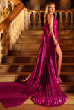 Sparkly Fuchsia Mermaid Halter Sequin Long Ball Dress with Slit