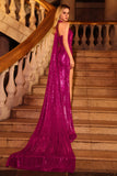 Sparkly Fuchsia Mermaid Halter Sequin Long Ball Dress with Slit