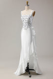 White Black Dot Mermaid Ruffled Satin Long Ball Dress with Slit