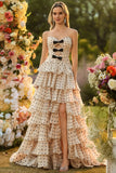 Apricot Black Dot A Line Strapless Tiered Ruffle Cut Out Long Ball Dress with Slit