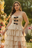 Apricot Black Dot Strapless A Line Tiered Cut Out Long Plus Size Prom Dress with Slit