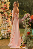 Sparkly Blush Mermaid Halter Side Slit Sequin Long Ball Dress with Large Bow