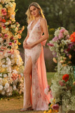 Sparkly Blush Mermaid Halter Side Slit Sequin Long Ball Dress with Large Bow