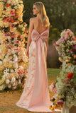 Sparkly Blush Mermaid Halter Side Slit Sequin Long Ball Dress with Large Bow