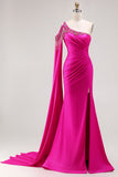 Glitter Fuchsia Mermaid One Shoulder Beaded Ruched Long Ball Dress with Slit
