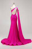 Glitter Fuchsia Mermaid One Shoulder Beaded Ruched Long Ball Dress with Slit