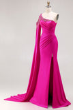 Glitter Fuchsia Mermaid One Shoulder Beaded Ruched Long Ball Dress with Slit