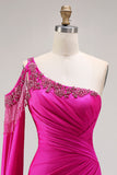 Glitter Fuchsia Mermaid One Shoulder Beaded Ruched Long Ball Dress with Slit