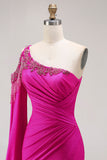 Glitter Fuchsia Mermaid One Shoulder Beaded Ruched Long Ball Dress with Slit
