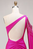 Glitter Fuchsia Mermaid One Shoulder Beaded Ruched Long Ball Dress with Slit