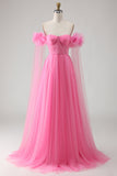 Hot Pink A Line Off the Shoulder Pleated Tulle Long Prom Dress with Streamer