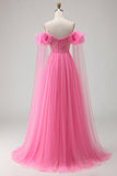 Hot Pink A Line Off the Shoulder Pleated Tulle Long Prom Dress with Streamer