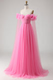 Hot Pink A Line Off the Shoulder Pleated Tulle Long Prom Dress with Streamer