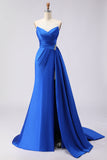 Royal Blue Strapless Mermaid Beaded Long Satin Ball Dress with Slit