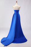 Royal Blue Strapless Mermaid Beaded Long Satin Ball Dress with Slit