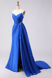 Royal Blue Strapless Mermaid Beaded Long Satin Ball Dress with Slit