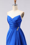 Royal Blue Strapless Mermaid Beaded Long Satin Ball Dress with Slit