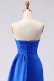 Royal Blue Strapless Mermaid Beaded Long Satin Ball Dress with Slit