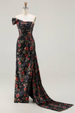 One Shoulder Sheath Blush Floral Print Long Ball Dress with Train